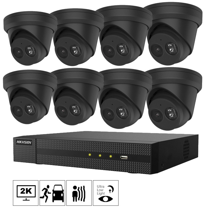 Hikvision Netcam Turret 4MP megapixel Acusense svart black kamera pakke 8 kam