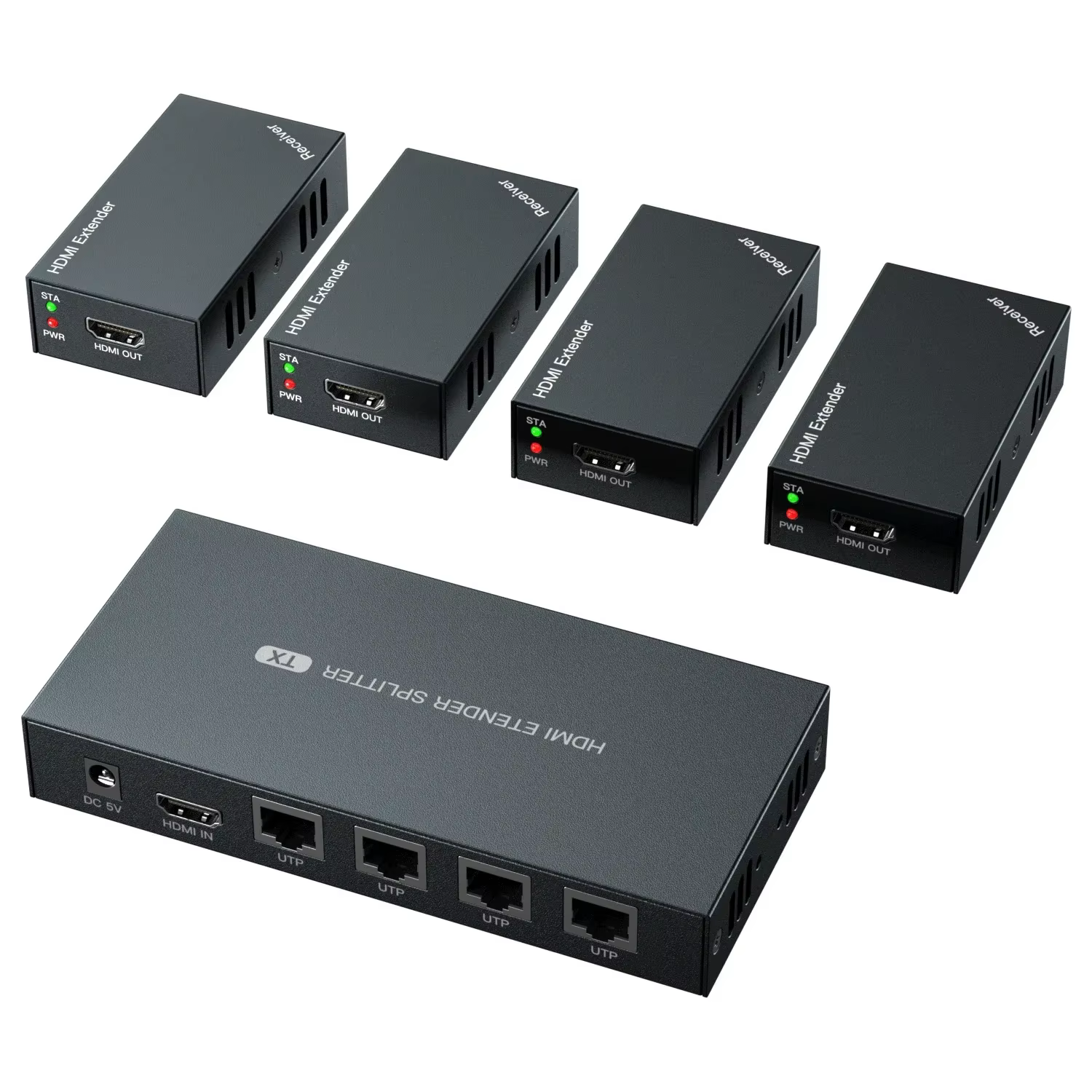 HDMI-splitter til 4 HDMI-skjermer via UTP-kabler